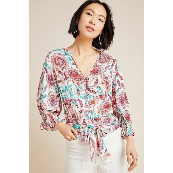 Tugboat Tops - Tugboat Anthropologie Saraya Floral‎ Tie Front Blouse Size Small Multicolor Boho
